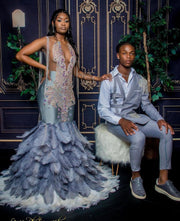 Prom Dress Full Bodice Rhinestone V-Cut Neckline Open Back Lower Zipper Closure Feather Train