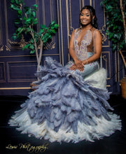 Prom Dress Full Bodice Rhinestone V-Cut Neckline Open Back Lower Zipper Closure Feather Train