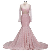 Luxurious Pink Long Sleeves Mermaid Prom Dress Beaded Sequin Sexy Backless