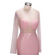 Luxurious Pink Long Sleeves Mermaid Prom Dress Beaded Sequin Sexy Backless