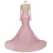 Luxurious Pink Long Sleeves Mermaid Prom Dress Beaded Sequin Sexy Backless