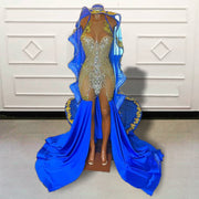 Glitter Beaded Crystals Mermaid Long Prom Dress with Cape Sexy See Through