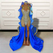 Glitter Beaded Crystals Mermaid Long Prom Dress with Cape Sexy See Through
