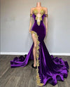 Grape Purple Velvet Mermaid High Slit Prom Dress