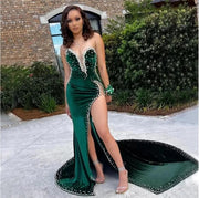 Green Velvet  Beads Strapless Sexy High Split Evening Dress