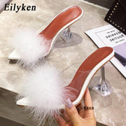 Eilyken 2022 New PVC shoes Woman Feather Transparent High heels Fur Pumps Slippers Women Peep toe Mules Lady Pumps Slides White