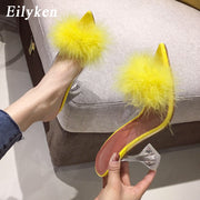 Eilyken 2022 New PVC shoes Woman Feather Transparent High heels Fur Pumps Slippers Women Peep toe Mules Lady Pumps Slides White