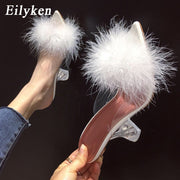 Eilyken 2022 New PVC shoes Woman Feather Transparent High heels Fur Pumps Slippers Women Peep toe Mules Lady Pumps Slides White