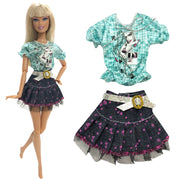 NK  1 Set Fashion Multicolor Outfit  Dress Shirt Denim Grid Skirt Daily Casual Wear for Barbie Clothes Doll Accessories  JJ