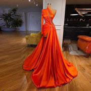 Sexy One Shoulder Soft Satin High Split Orange Prom Evening Dress Backless