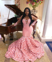 See Through Beaded Long Pink Prom Dress