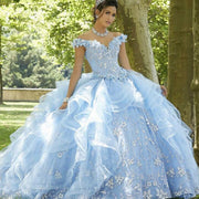 Light Blue Sweet 16 Quinceanera Dress Off Shoulder Appliques Sequins Flowers Princess Party Gown Vestidos De 15 Años