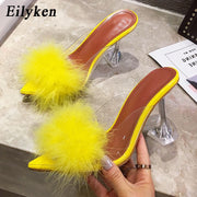 Eilyken 2022 New PVC shoes Woman Feather Transparent High heels Fur Pumps Slippers Women Peep toe Mules Lady Pumps Slides White