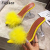 Eilyken New PVC shoes Woman Feather Transparent High heels Fur Pumps Slippers Women Peep toe Mules Lady Pumps Slides White