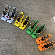 Woman Fashion Summer Sandals Sexy Open Toe  Sandals Party Shoes Catwalk Strange Thin Heels  T-Strap Colorful Graffiti Heels 43