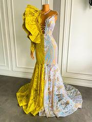 Sexy Long Prom Dresses Single Long Sleeve Yellow and Silver Mermaid Gala Prom Gowns