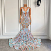 Long Sparkly Prom Dresses Sheer O-neck Sleeveless Mermaid Prom Gala Gowns