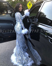 Long Sparkly Prom Dresses 2024 V-neck Long Sleeve Silver Sequin White Feather Gala Mermaid Prom Dress