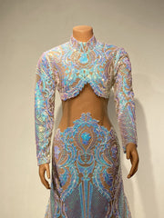 Long Prom Dresses High Neck Long Sleeve Sparkly Colorful Sequined Mermaid Prom Gala Gowns