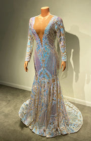 Sheer O-neck Long Sleeve Prom Dress