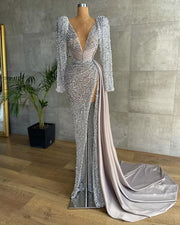 Long Sleeve Sexy Women Evening Dress V-neck Luxury Beaded Mermaid High Slit Silver Formal Evening Gowns