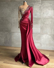 Luxury Long Sleeve Sheer O-neck Beaded Crystals Mermaid Style Burgundy Formal Long Evening Dress