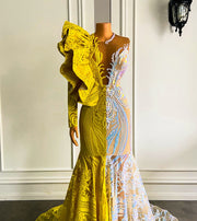 Sexy Long Prom Dresses Single Long Sleeve Yellow and Silver Mermaid Gala Prom Gowns