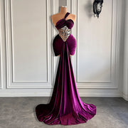 Long Elegant Evening Dress One Shoulder Sparkly Crystals Pleat Purple Velvet Formal Evening Gowns