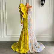 Sexy Long Prom Dresses Single Long Sleeve Yellow and Silver Mermaid Gala Prom Gowns