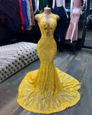 Elegant Yellow Sequin Mermaid Prom Dress