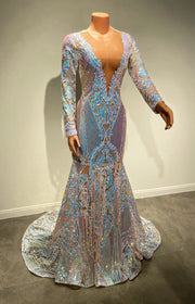 Sheer O-neck Long Sleeve Prom Dress