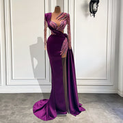 Long Sleeve Evening Dresses Luxury Real Sample Pearls Purple Satin Sheer Formal Evening Gowns