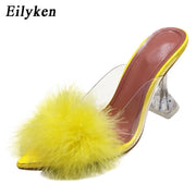 Eilyken 2022 New PVC shoes Woman Feather Transparent High heels Fur Pumps Slippers Women Peep toe Mules Lady Pumps Slides White