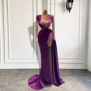 Long Sleeve Evening Dresses Luxury Real Sample Pearls Purple Satin Sheer Formal Evening Gowns