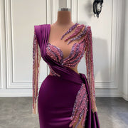 Long Sleeve Evening Dresses Luxury Real Sample Pearls Purple Satin Sheer Formal Evening Gowns