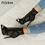 Eilyken 2022 Fashion Black Summer Sandals Lace Up Cross-tied Peep Toe High Heel Ankle Strap Net Surface Hollow Out Sandals