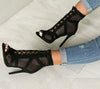 Fashion Black Summer Sandals Lace Up Cross-tied Peep Toe High Heel Ankle Strap Net Surface Hollow Out Sandals