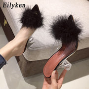 Eilyken 2022 New PVC shoes Woman Feather Transparent High heels Fur Pumps Slippers Women Peep toe Mules Lady Pumps Slides White