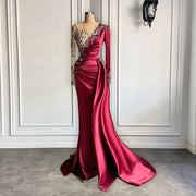 Luxury Long Sleeve Sheer O-neck Beaded Crystals Mermaid Style Burgundy Formal Long Evening Dress