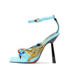 Women Sexy Open Toe Sandals Thin Heels T-Strap Colorful Graffiti