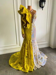 Sexy Long Prom Dresses Single Long Sleeve Yellow and Silver Mermaid Gala Prom Gowns