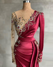 Luxury Long Sleeve Sheer O-neck Beaded Crystals Mermaid Style Burgundy Formal Long Evening Dress