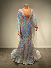 Sheer O-neck Long Sleeve Prom Dress