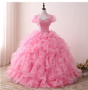 Ready-to-Ship Spring Sweet Ruffled Luxury Beaded 15 Years Floor Length Ball Gown Pink Quinceanera Dresses Size US2-US16