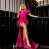 Hot Pink Sexy High Slit Feathers Beaded Pearly Lace Aso Ebi Prom Dress