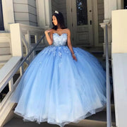 Light Sky Blue Sweetheart Quinceanera Dresses Sleeveless Appliques Flowers Beads Party Princess Sweet 15 Ball Gown Pageant