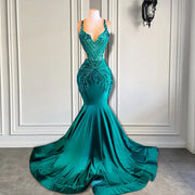 Long Elegant Prom Dresses Luxury Halter Sexy Handmade Crystals Dark Green Prom Formal Gala Gowns