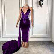 Long Purple Prom Dresses V-neck Sleeveless Sparkly Beaded Embroidery Velvet Prom Gala Formal Gowns Side Train