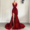 Red Mermaid High Slit Halter Sparkly Sexy Prom Dress