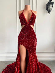 Long Sexy Prom Dresses 2023 Mermaid High Slit Halter Sparkly Red Sequin Prom Gala Party Gowns